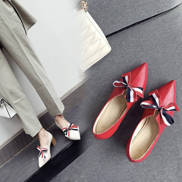 Thick heel bowknot single shoe
