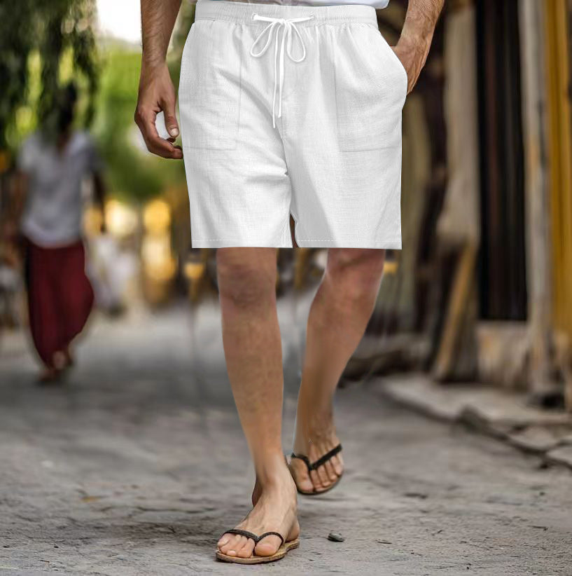 Men's Cotton Linen Multi-pocket Drawstring Leisure Beach Shorts
