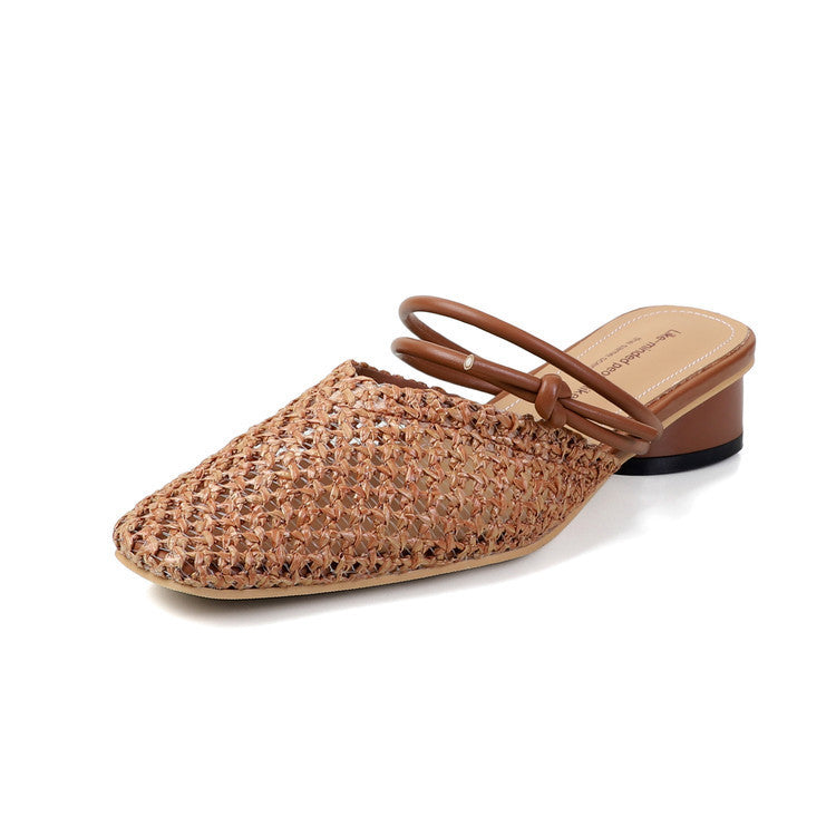 Women's French Style Square Toe Outdoor Hollow-out Breathable Retro Thick Heel Toe Box Half Slippers