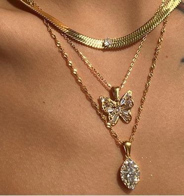 Olive Shaped Horse Eye Zircon Full Drill Titanium Steel Necklace