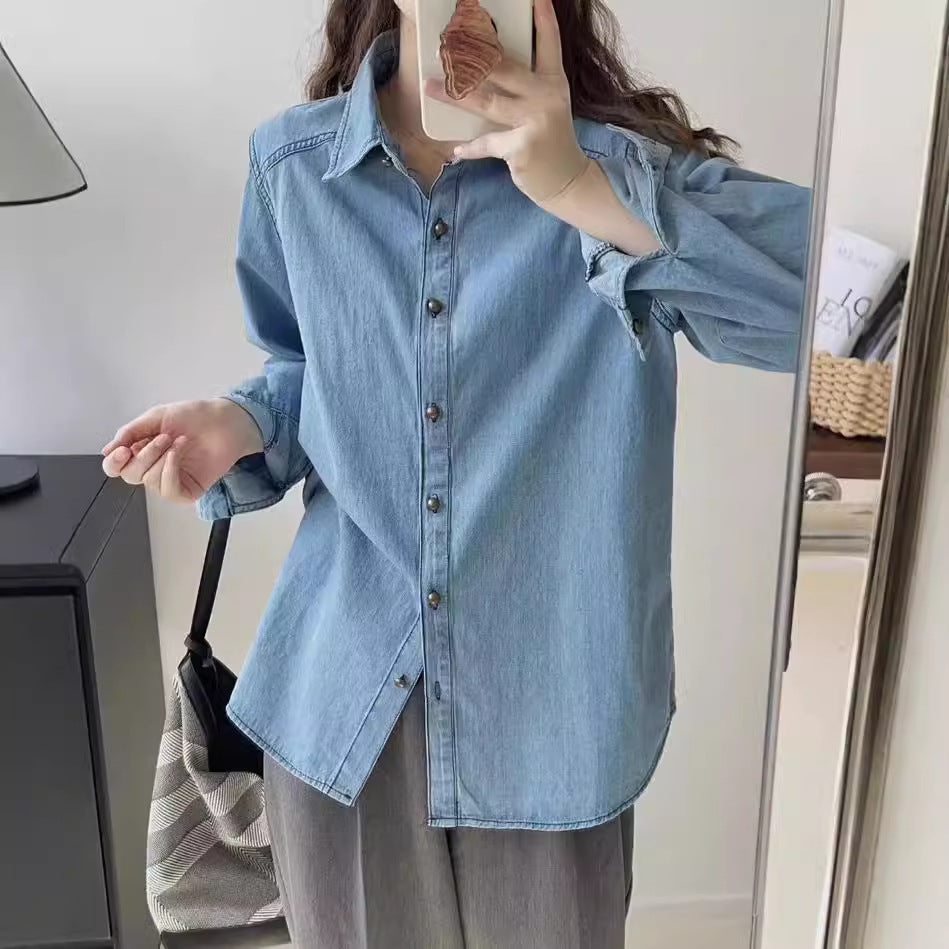 Blue Denim Shirt Jacket Women's Small Long-sleeved Top