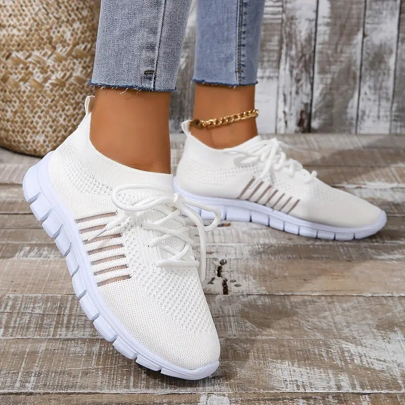 Casual Ladies Breathable Women Flying Knit Sports Flat Shoes
