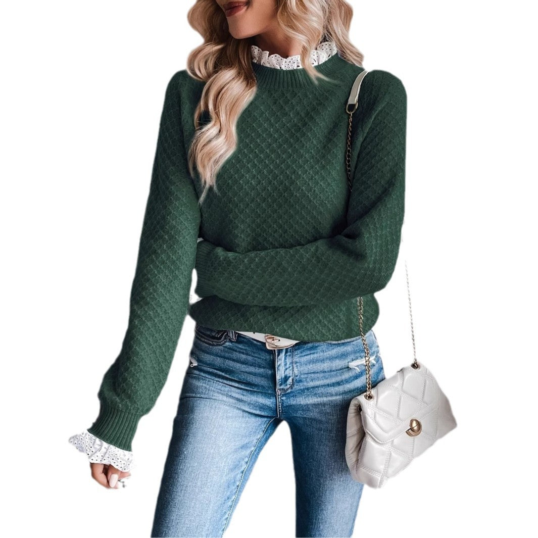 Pure Color Ribbon Women's Viscose Knitted Sweater With Lace Edge Fashionable All-matching