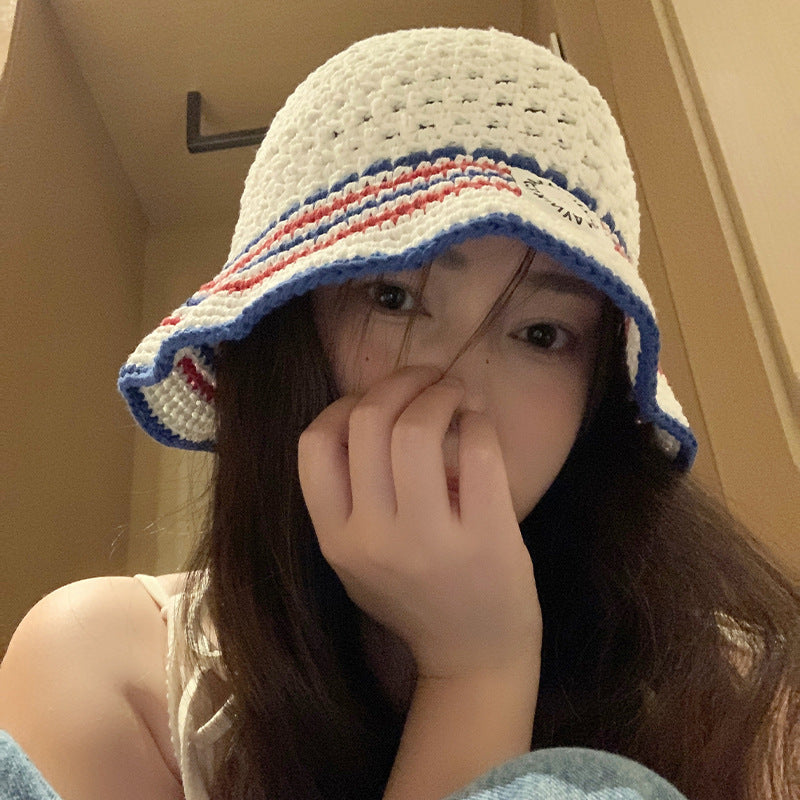 Striped Bucket Hat Women's Hollow Breathable Small Bucket Cap