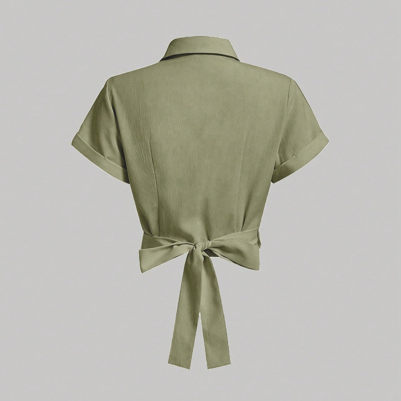 Ladies' Fashionable And Elegant Short Sleeved Lapel Waist Cross Strap Design Solid Color Shirt