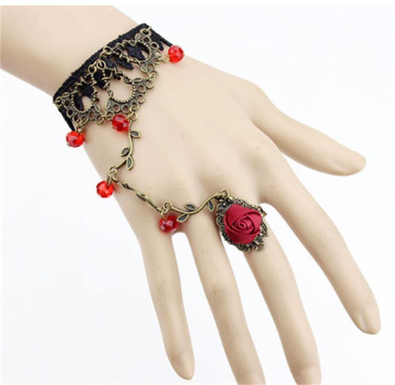 Vintage Flower Vine Ling Crystal Lolita Temperament Lace Bracelet With Ring