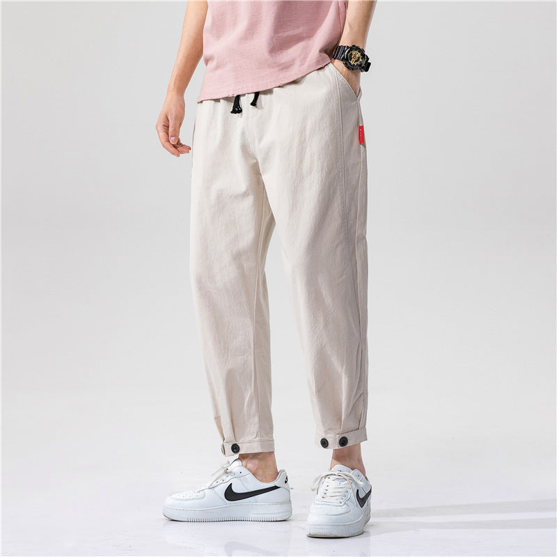 Men's Straight Casual Loose Cotton And Linen Cropped Pants