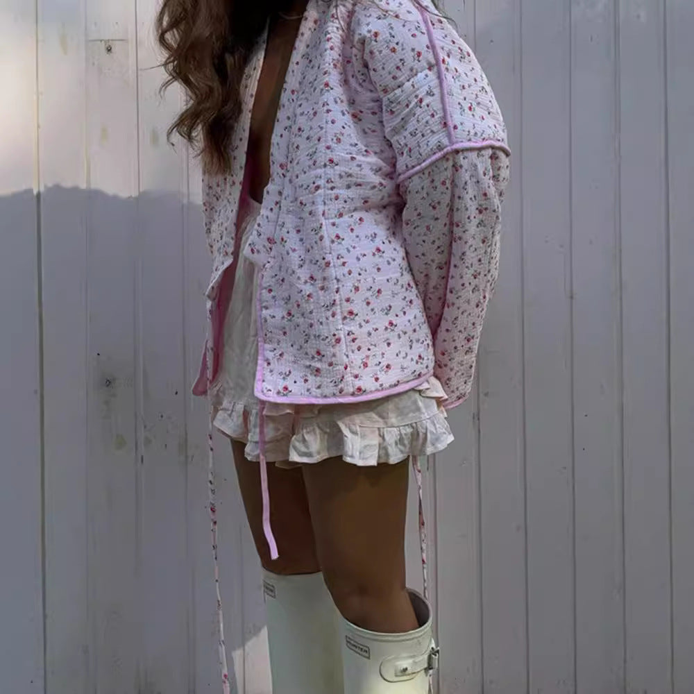 Sweet Floral Lace-up Cotton-padded Clothes V-neck Flared Sleeves Cotton-padded Clothes