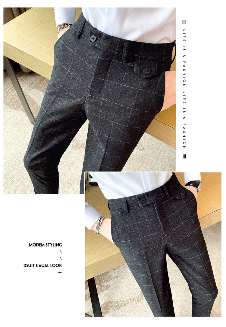 Korean Style British Classic Checkered Elegant Slim Fit Men's Best Man Pencil Pants Suit Pants