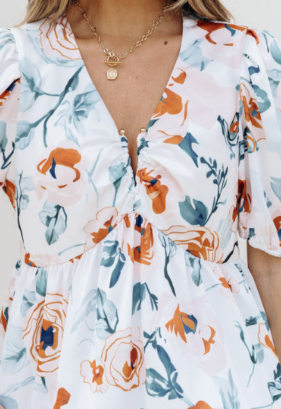 Green Floral Print Puff Sleeve V Neck Babydoll Blouse