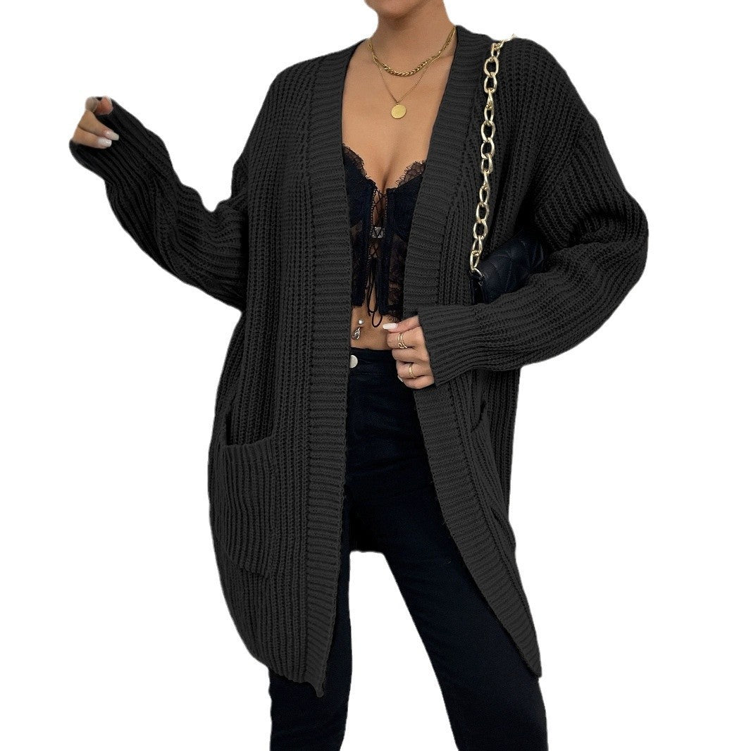 Long Sleeve Pocket Cardigan Coat Fashion Simple Knitwear