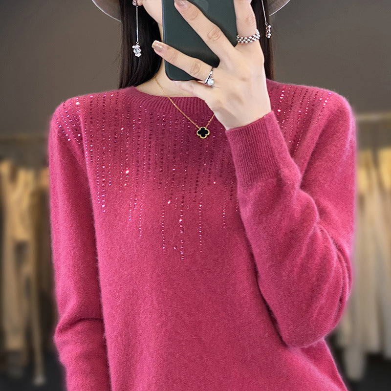 Round Neck Rhinestone Long-sleeved Knitted Bottoming Shirt Women's Pullover Sweater