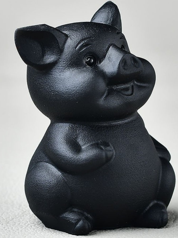 Natural Obsidian Pig Ornaments Original Stone Carving Frosted