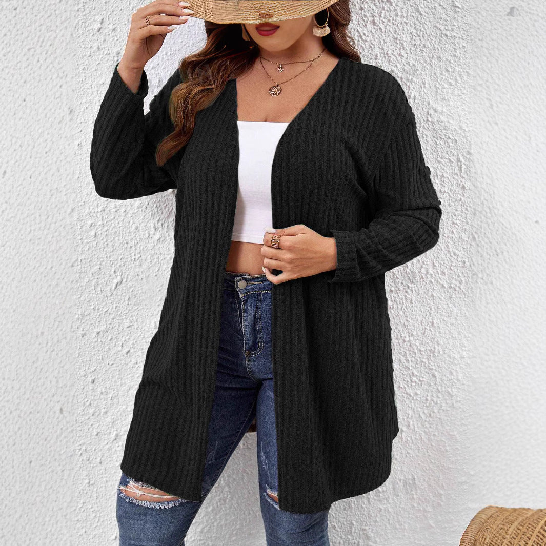 Sunken Stripe Brushed Plus Size Women's Mid-length Solid Color And V-neck Long-sleeved Cardigan