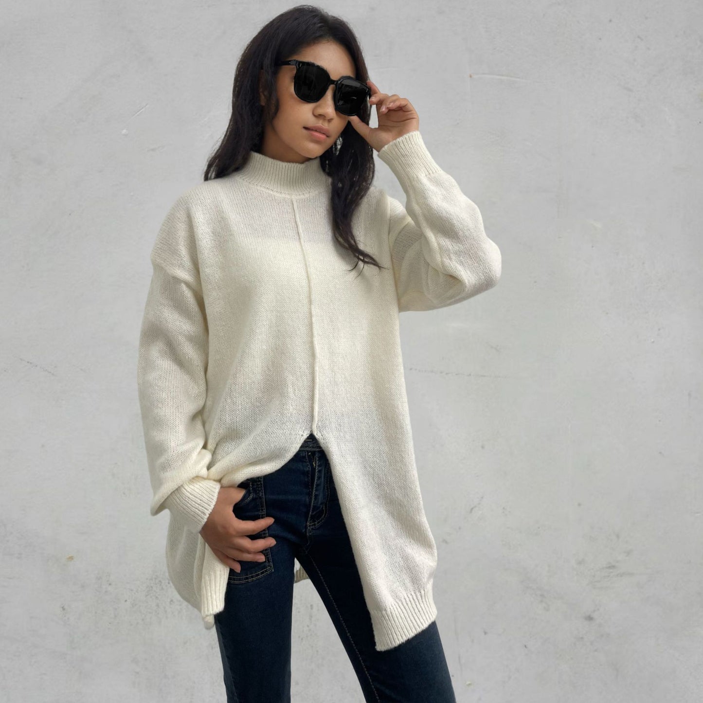 Pure Color Half Collar Pullover Sweater Fall Winter