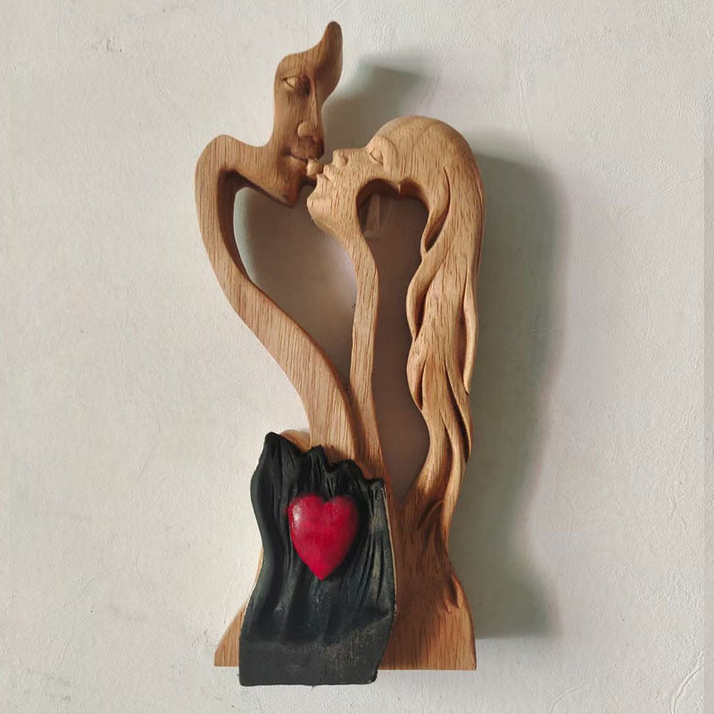 Wooden Lovers Kissing Statue Decoration Ornaments Crafts