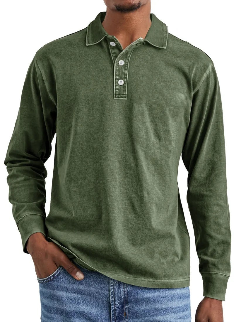 Retro Washed Distressed Cotton Lapel Long Sleeve Polo Shirt