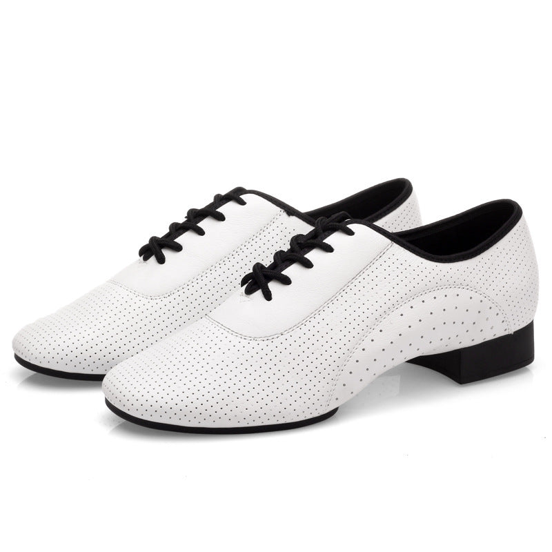 Leather Men's Modern Dance Shoes White Outdoor Rubber Sole Low Heel Latin Dance Shoes