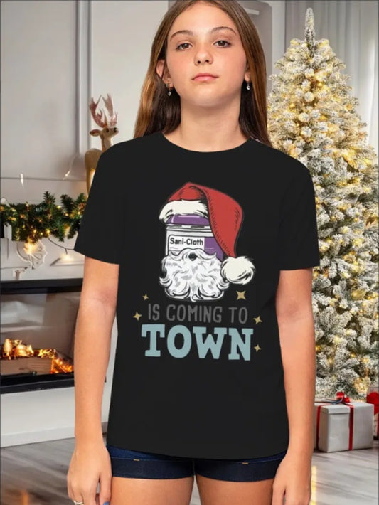 Girls' Festive Christmas Cartoon Print T-Shirt -  Crew Neck, Short Sleeve, Casual Summer Tee For Teens - Machine Washable