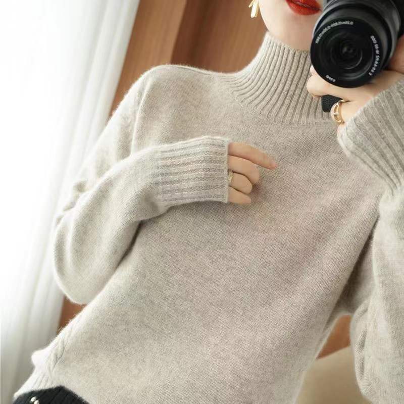 Autumn And Winter New Trendy Semi-high Collar Sweater Women's Solid Color Knitted Bottoming Shirt