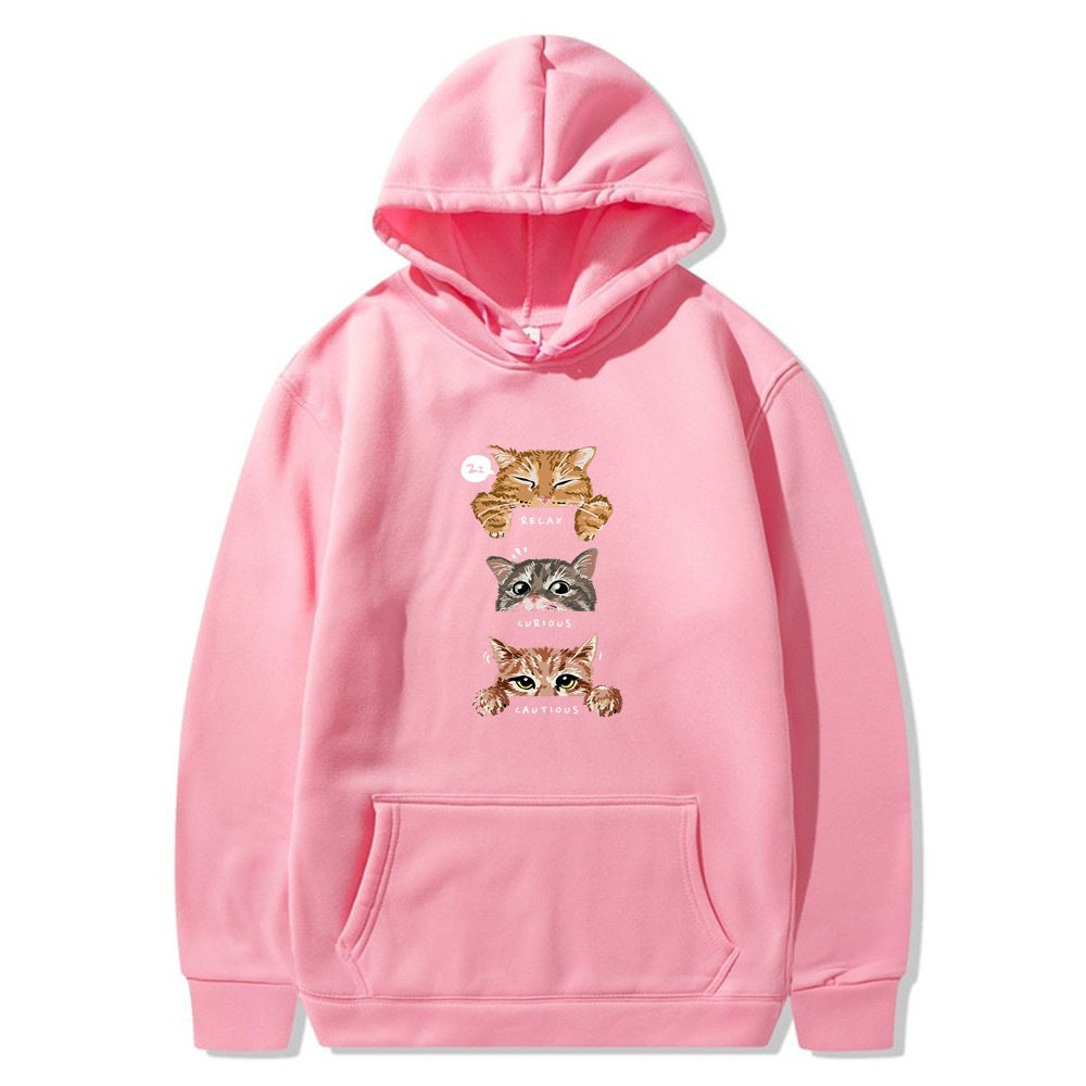 Cat Print Hooded Pullover Leisure Sweatshirt