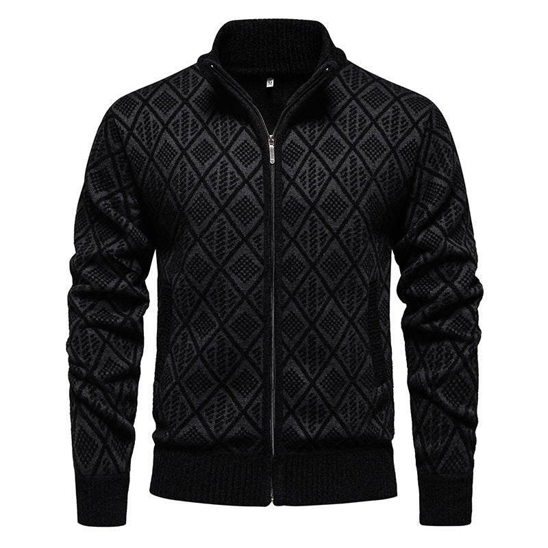 2024 Fall Winter Men Fleece-lined Thickening Stand Collar Sweater Korean Style Casual Zipper Sweater Coat