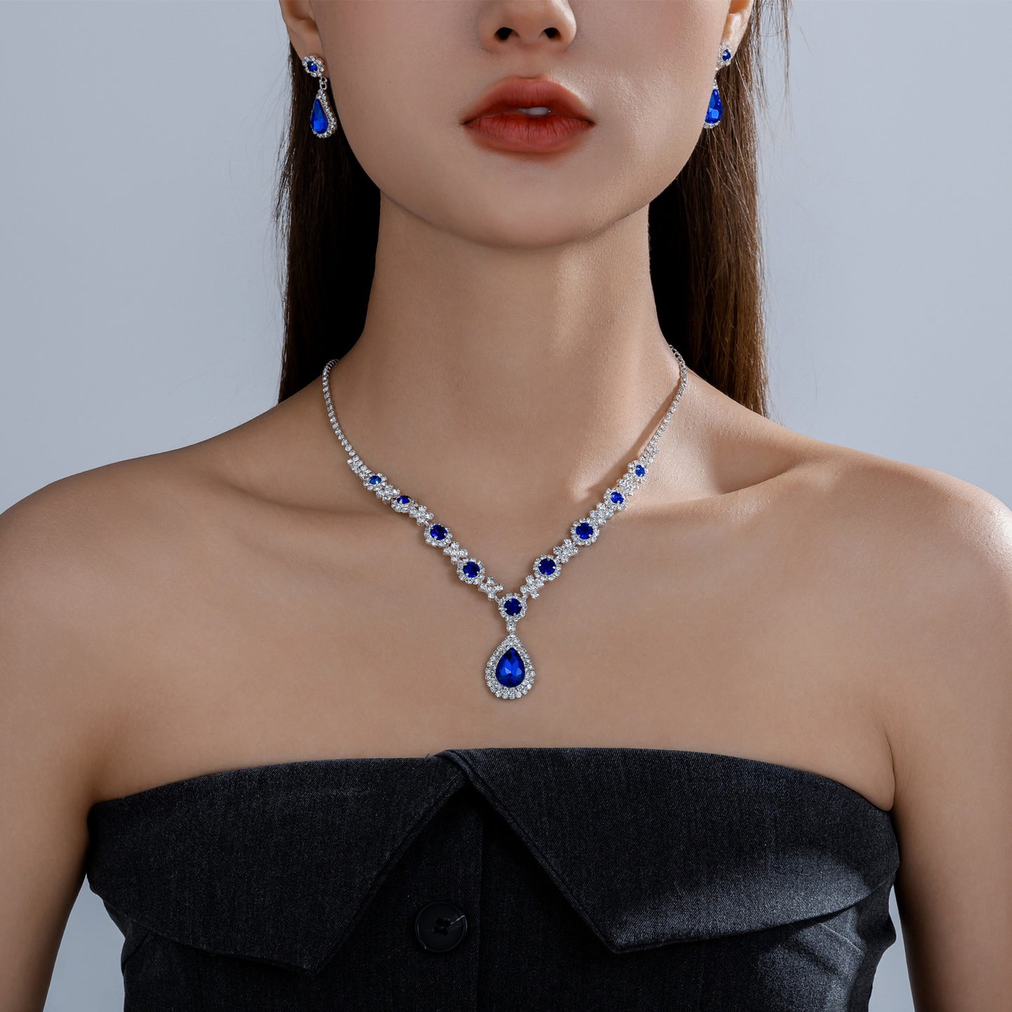 Light Luxury Blue Crystal Full Diamond Water Drop Necklace Earrings