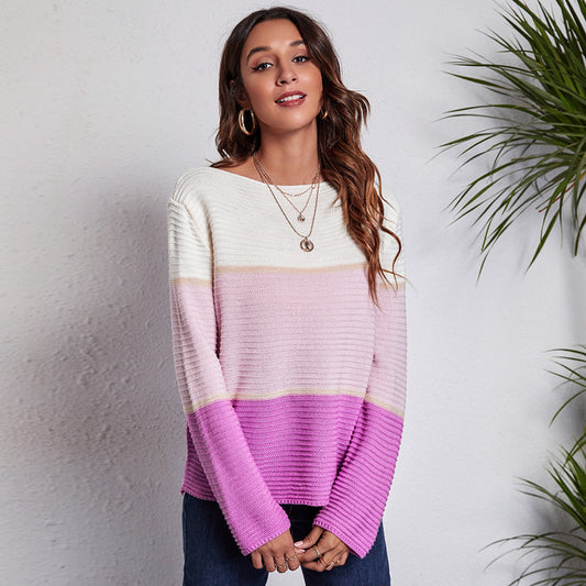 Contrast Color Large Striped Off-neck Knitted Sweater