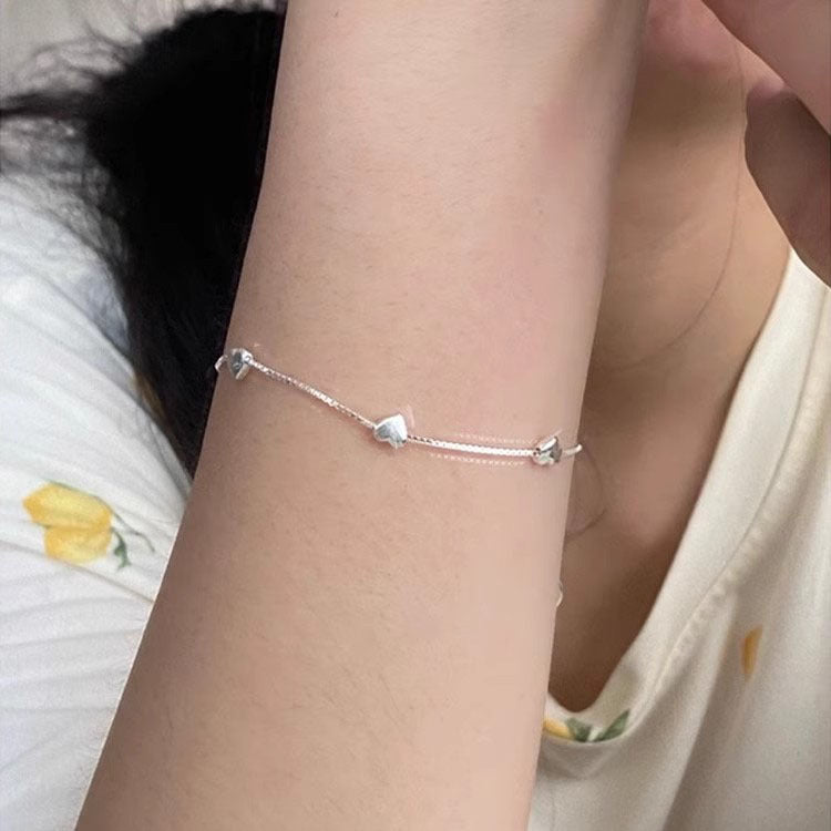 S925 Loving Heart In Sterling Silver Bracelet Female Ins Mori Sweet Temperament