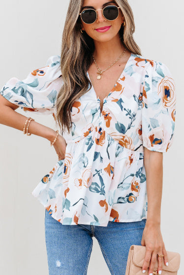Green Floral Print Puff Sleeve V Neck Babydoll Blouse