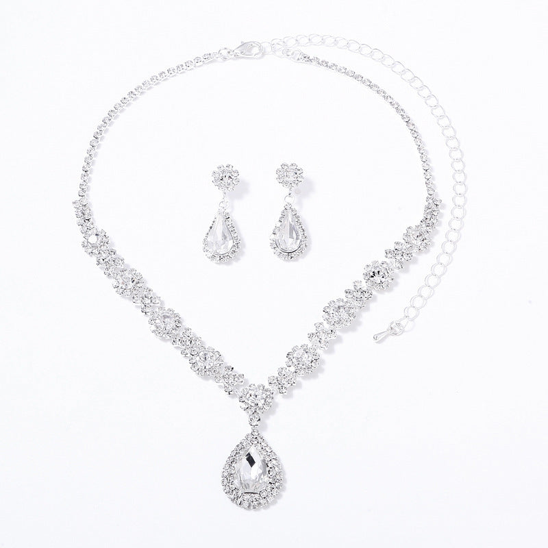 Light Luxury Blue Crystal Full Diamond Water Drop Necklace Earrings