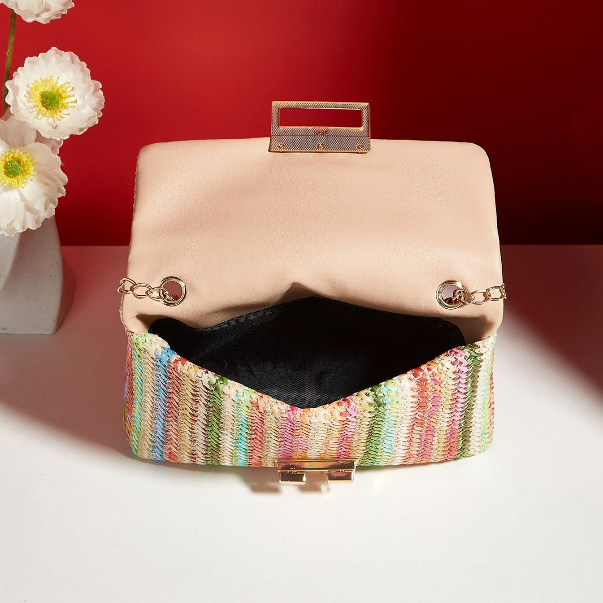 Fashion Crossbody Bag Straw Lock Closure Simple Small Square Bag