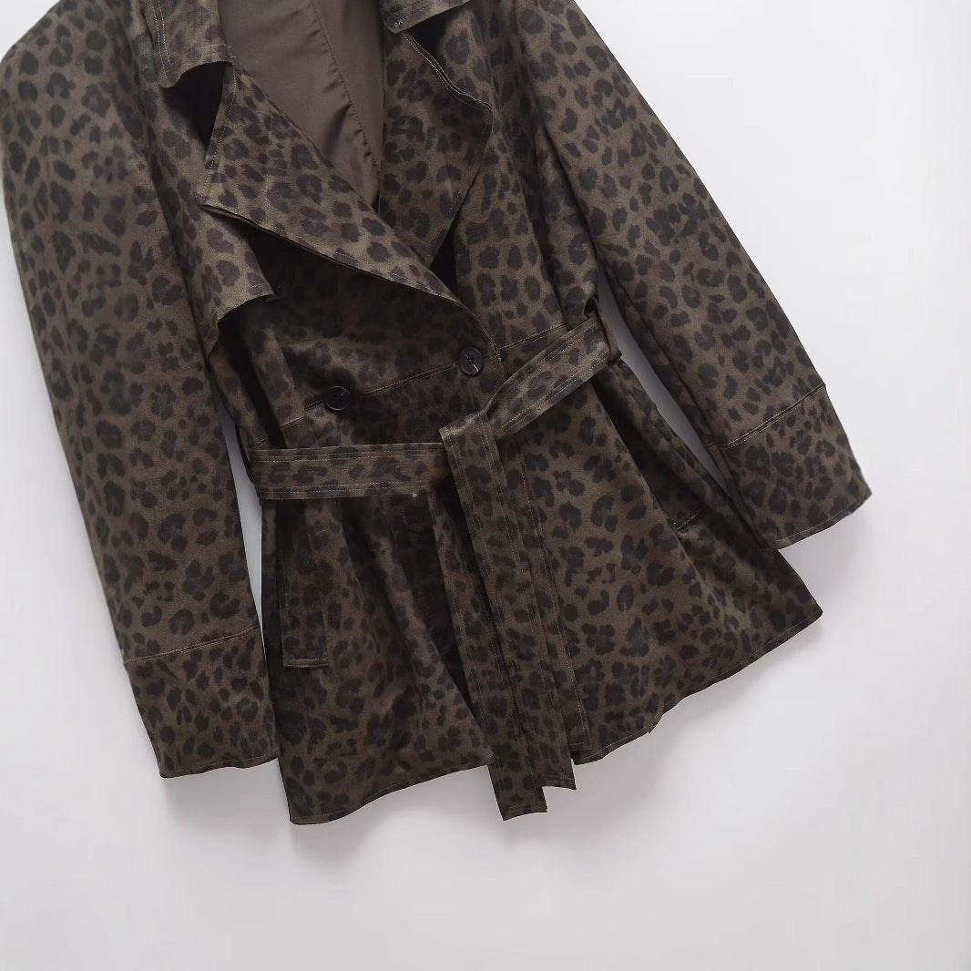 Women's Leopard Print Lapel Closing Belt Long Sleeve Coat