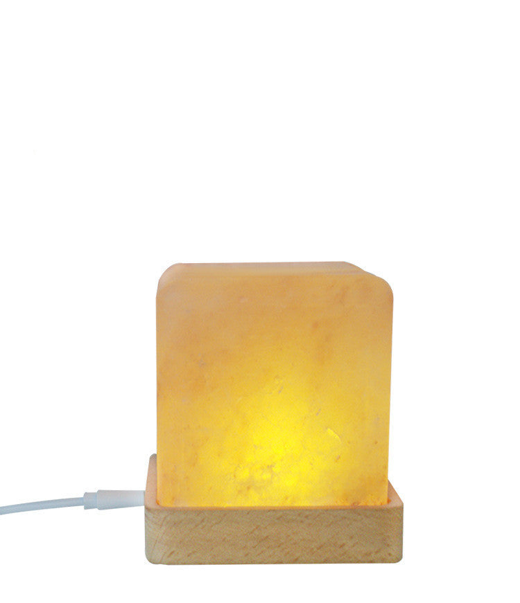 led square wooden base crystal salt lamp