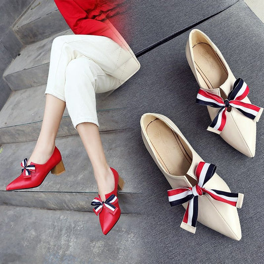 Thick heel bowknot single shoe