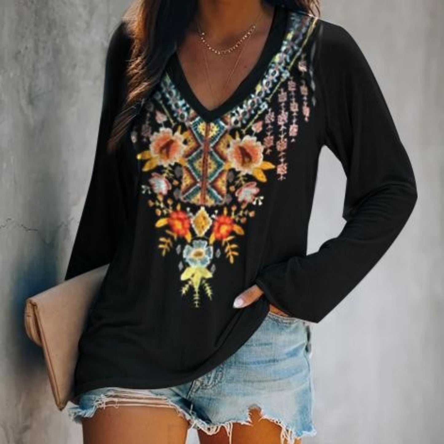 V-neck Halloween Print Loose Long Sleeved Shirt