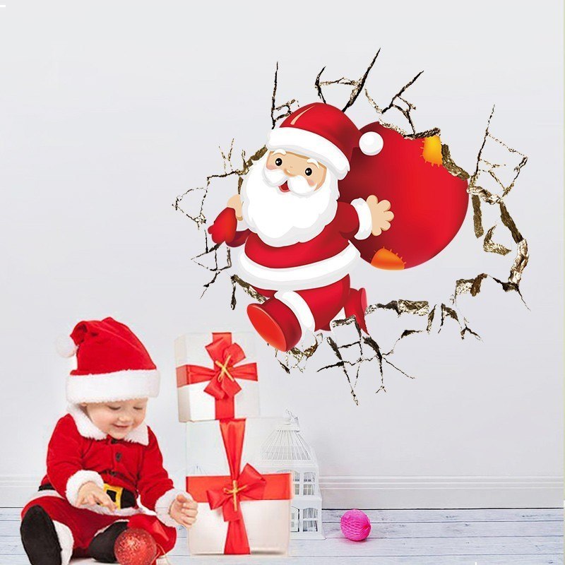 New Cute Santa Claus Broken Wall Merry Christmas Wall Stickers Living Room Home Decor 3d Vinyl New Year Wall Decal Wallpaper