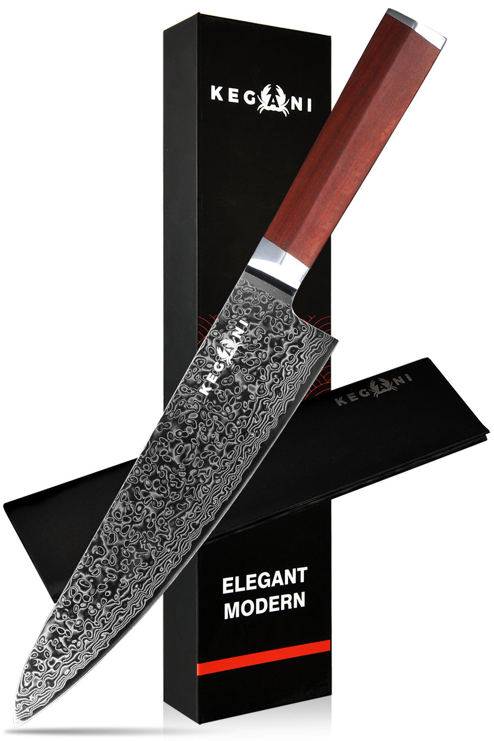 Kegani 8 Inch Japanese Kiritsuke Chef Knife - Japanese 73 Layers VG-10 Damascus Knife - Rosewood FullTang Handle Natural Texture Japanese Knife Sushi Knife Gyuto Knife