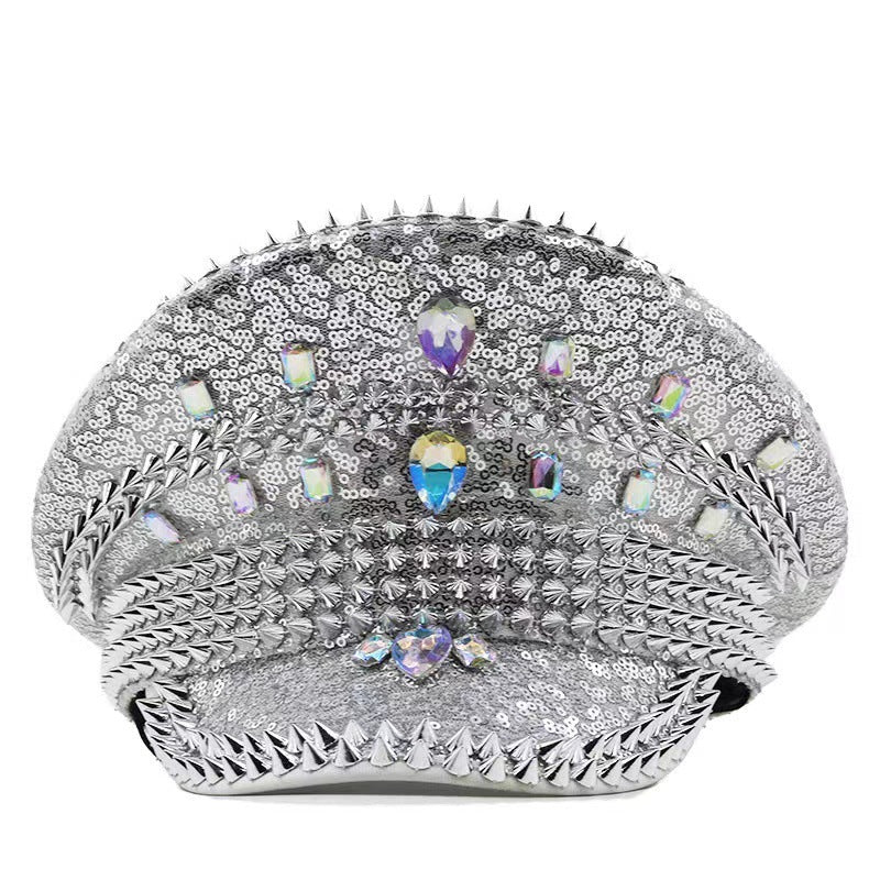 European And American Fashion Rhinestone Women's Diamond Rivets Party Ball Cross-border Export Hat Free Size Cool Punk