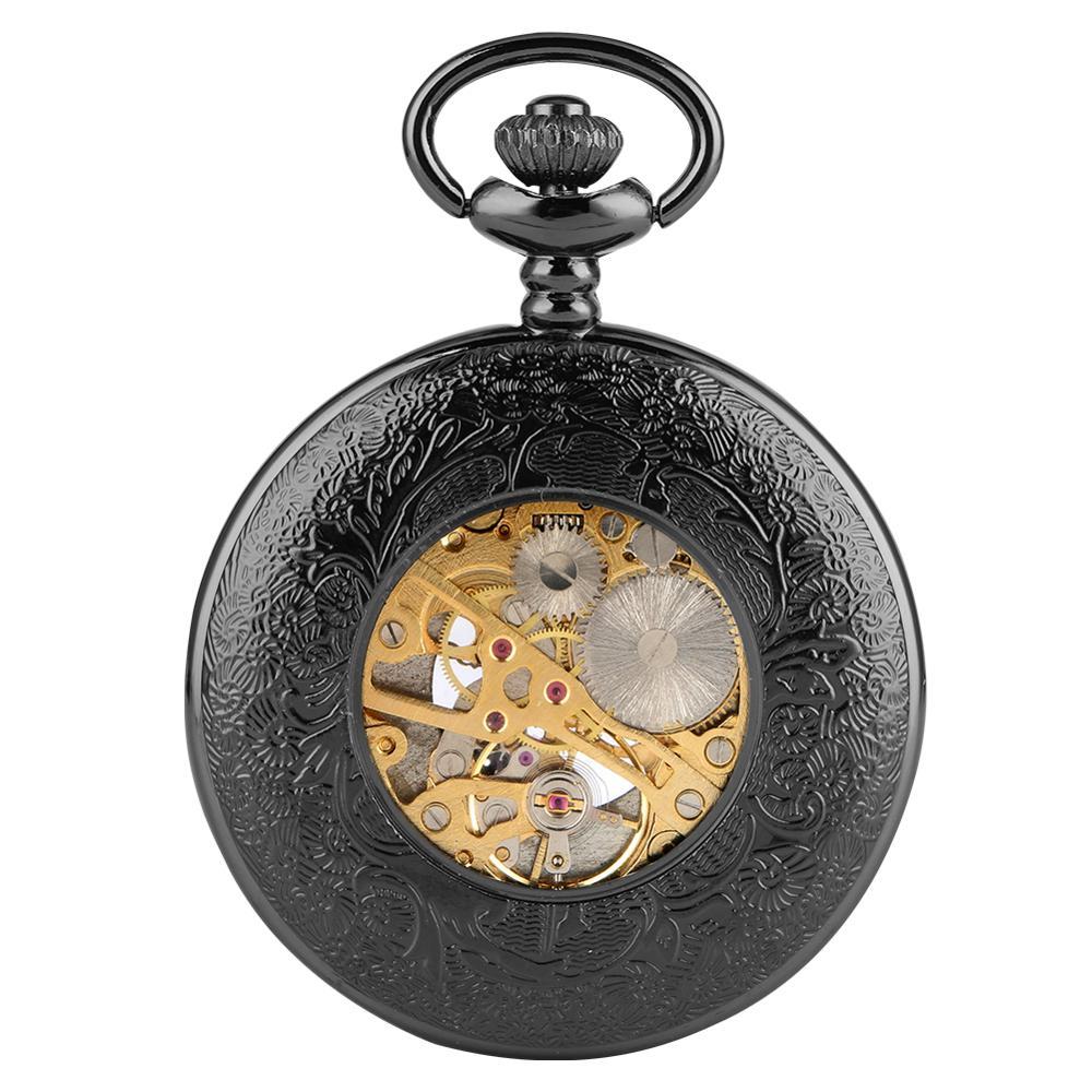 Classic Black Chain Hollow Gear Manual Mechanical Pocket Watch