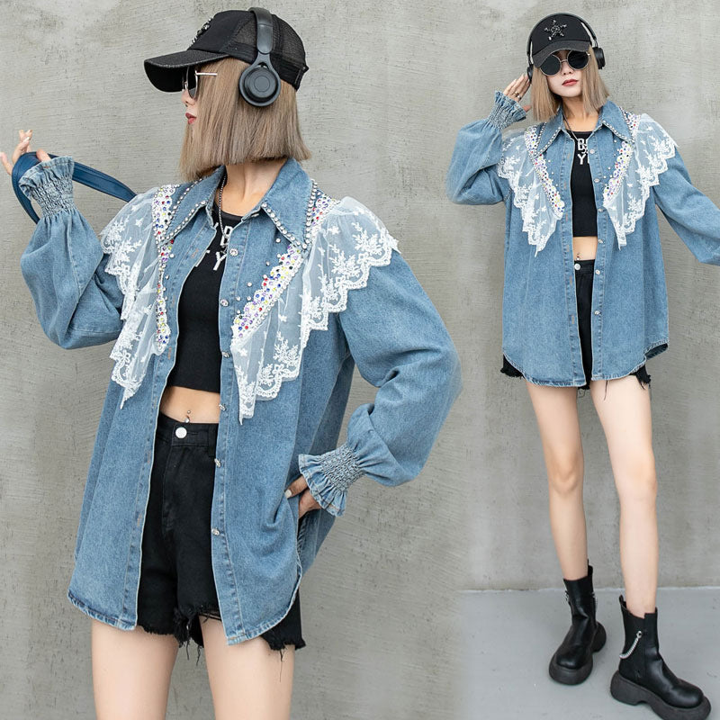 Ladies Lace Splicing Denim Long-sleeved Tops