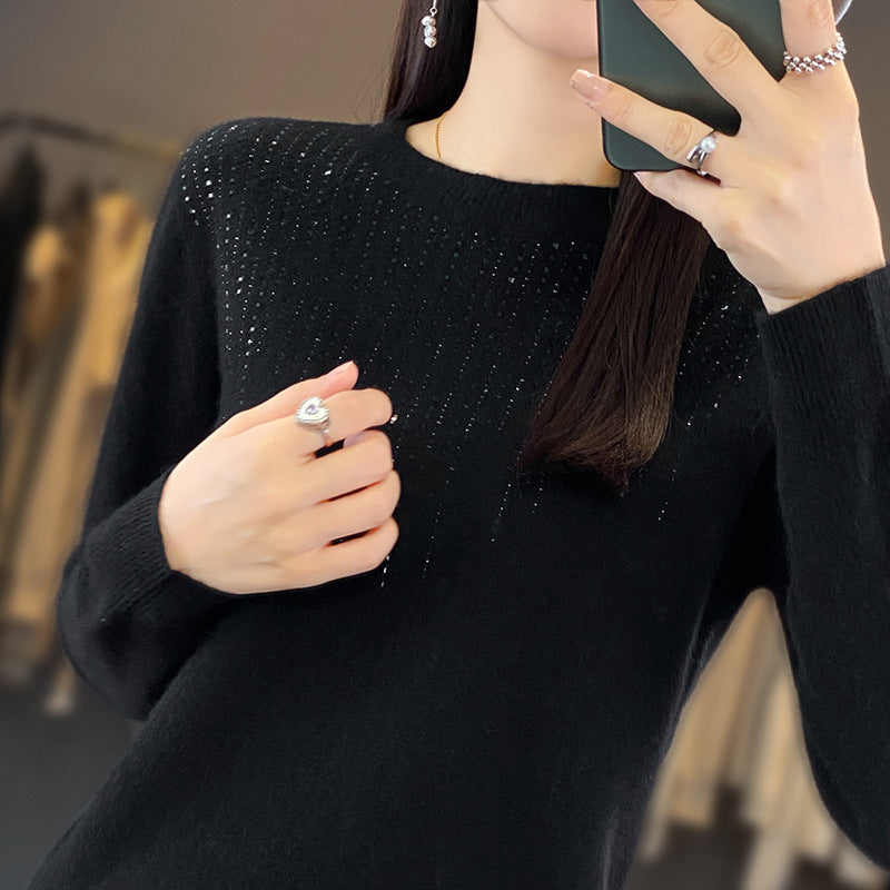 Round Neck Rhinestone Long-sleeved Knitted Bottoming Shirt Women's Pullover Sweater