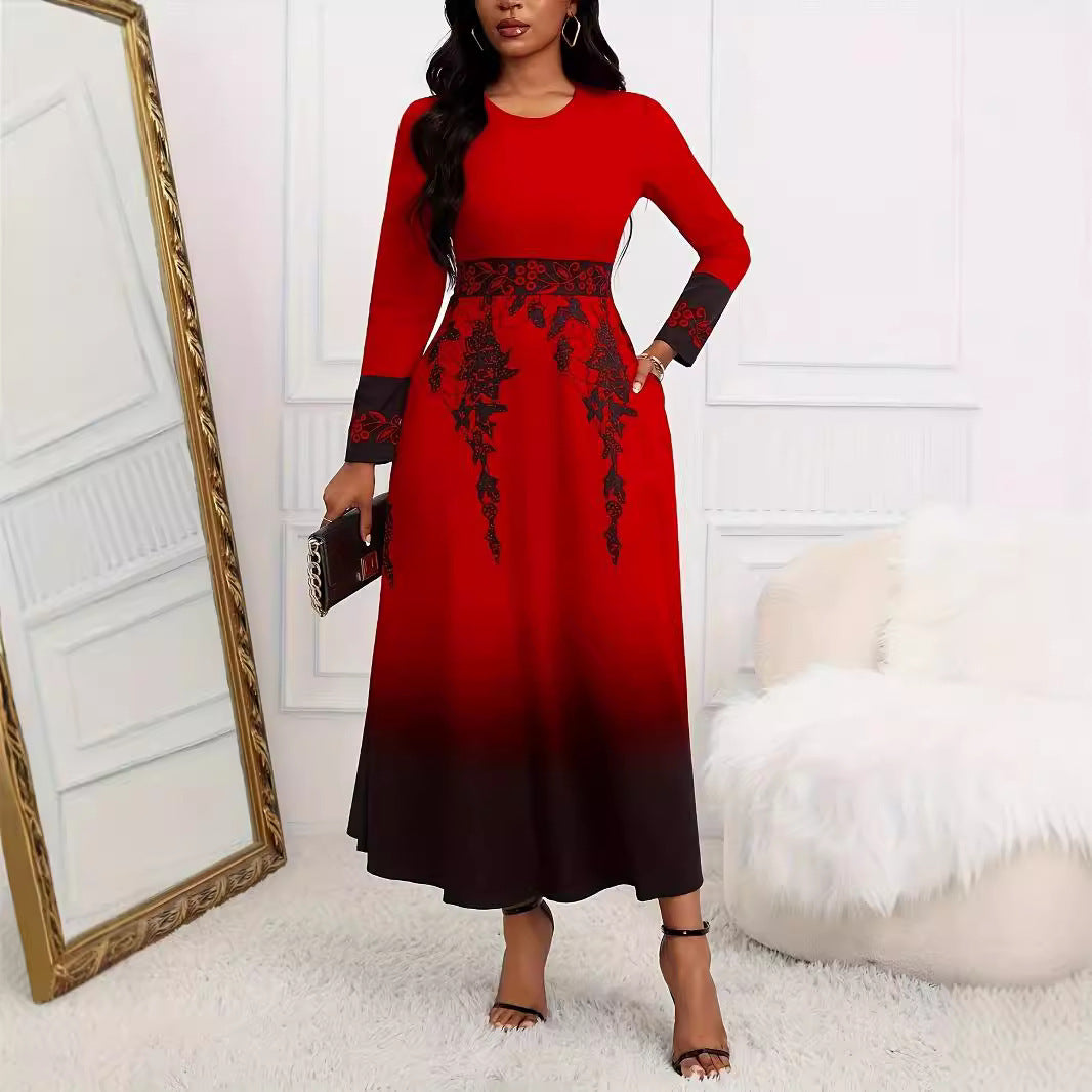 Women's Long Sleeve High Waist Print Gradient Large Swing Dress