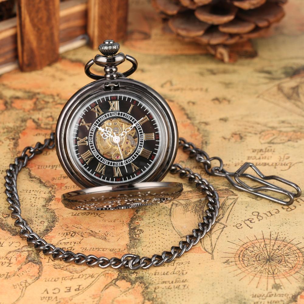 Classic Black Chain Hollow Gear Manual Mechanical Pocket Watch