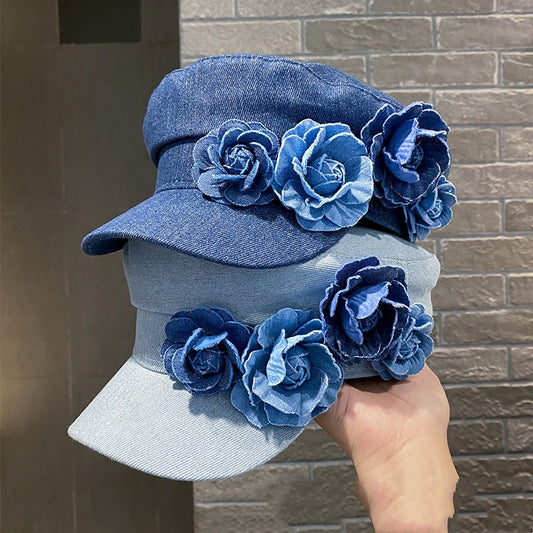 Denim Flat-top Cap Women's Three-dimensional Contrast Color Flowers