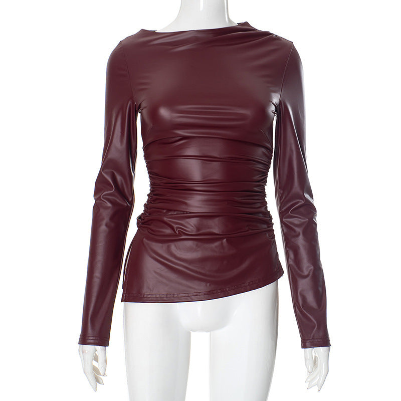 Women's Pleated Long-sleeved Leather Top