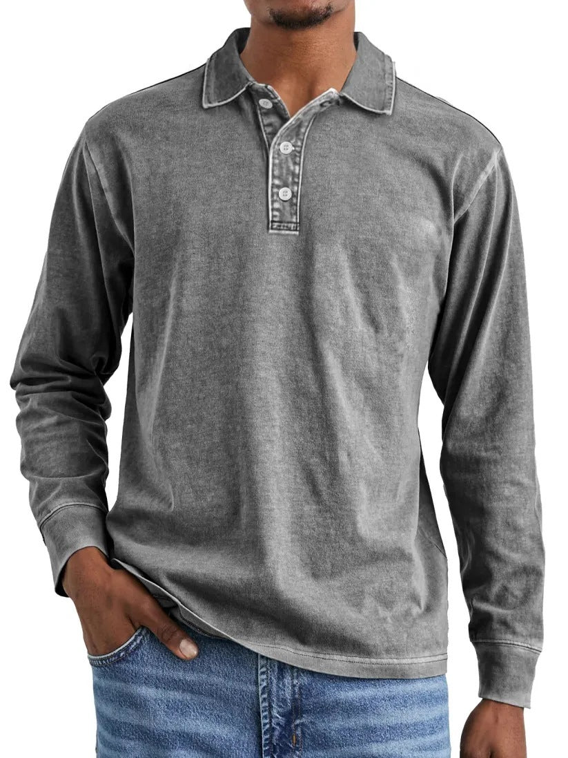 Retro Washed Distressed Cotton Lapel Long Sleeve Polo Shirt