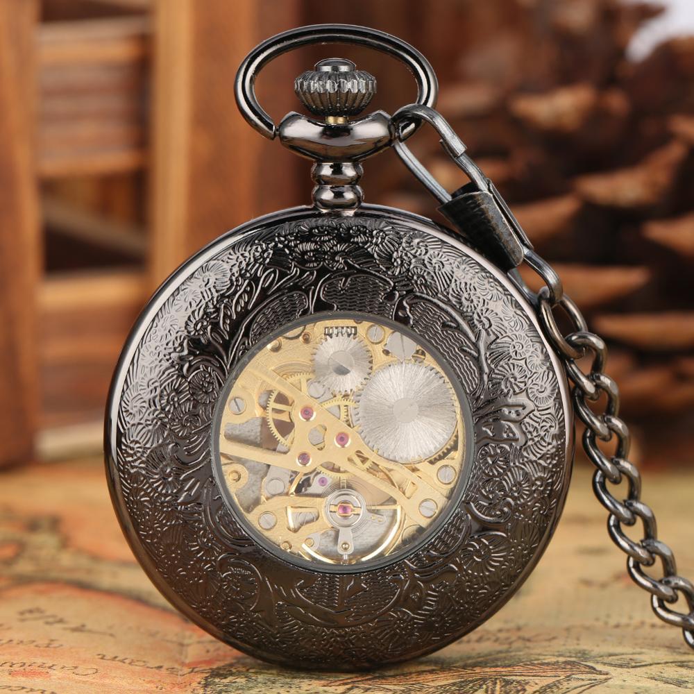 Classic Black Chain Hollow Gear Manual Mechanical Pocket Watch