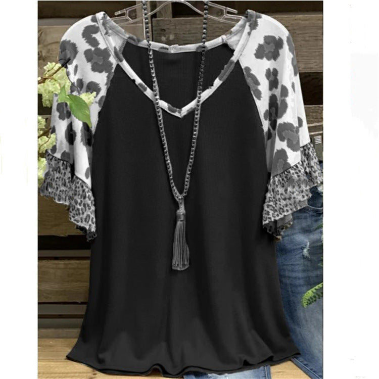 Waffle V-neck Leopard Print Stitching Casual Half Sleeve T-shirt Top