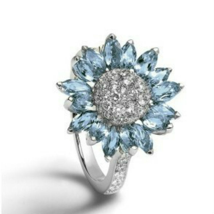 Sunflower Ring Female With Light Blue Zircon